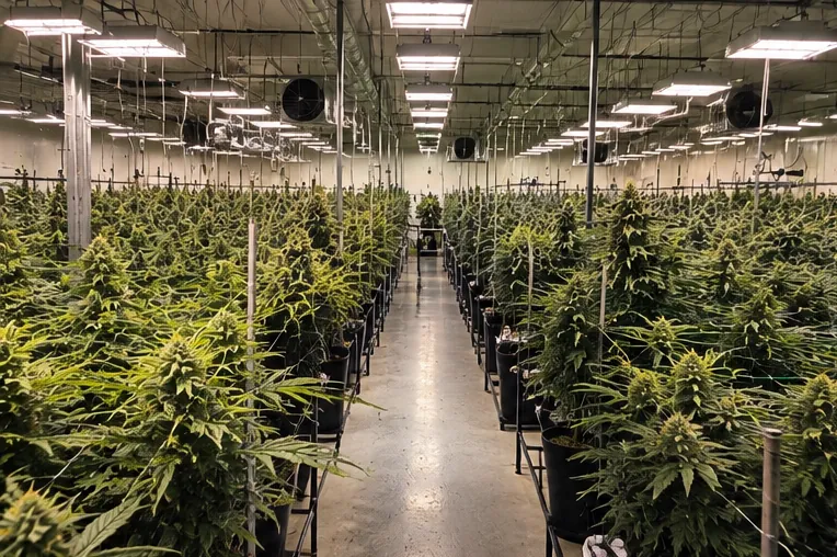 Aisle between rows in an indoor cultivation facility
