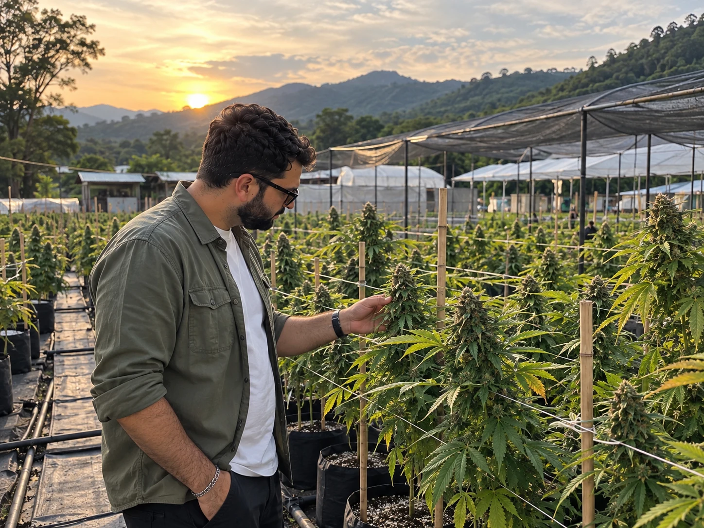 Business owner inspecting a hemp plant at a cultivation site at sunset